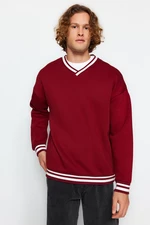 Trendyol Claret Red Men's Basic Oversized V-Neckline Soft Pile, Thick Striped Tricot Band Sweatshirt.