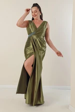 By Saygı Plus Size Long Satin Dress with Beaded Detail and Lined Draping in the Front.