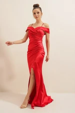 By Saygı Boat Neck Skirt Pleated Lined Long Satin Dress Red