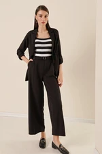 By Saygı Elastic Waist, Belted, Pocket Palazzo Trousers Black