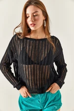 Olalook Women's Black Loose Knitwear Blouse with Openwork