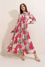 By Saygı Patterned Viscose Long Shirt Dress Wide Size Range Black