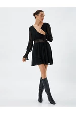 Koton Double-breasted Collar Tulle Mini Dress with Lace Detail, Long Sleeves, Loose Fit.