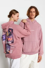 Trendyol Pale Pink Unisex Oversize Weathered/Faded Effect Hooded 100% Cotton Space Printed Sweatshirt