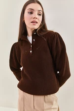 Bianco Lucci Women's Collar Stone Embroidered Knitwear Sweater