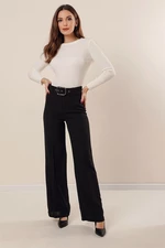 By Saygı Wide Leg Crepe Trousers with Belt Waist and Wide Size Range, Black.