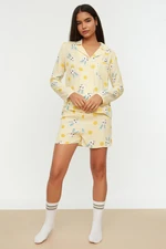 Trendyol Yellow Rabbit Printed Shirt-Shorts Woven Pajamas Set