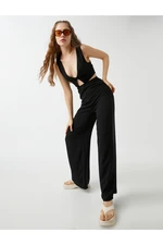 Koton Window Detailed Decollete Wide Leg Jumpsuit Linen Blend.