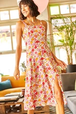 Olalook Women's Ecru Coral Straps, Zippered Side and a Slit, Flared Woven Dress