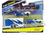 1987 Chevrolet 1500 Pickup Truck White with Blue Graphics and 2019 Subaru BRZ White with Blue Graphics with Enclosed Car Trailer "Team Haulers" Serie