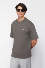 Trendyol Dark Khaki Oversize 100% Cotton Back Printed T-Shirt