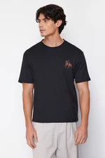 Trendyol Black Relaxed/Comfortable Fit Horse/Animal Embroidered Short Sleeve 100% Cotton T-Shirt