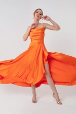 Lafaba Women's Orange Satin Evening &; Prom Dress with Ruffles and a Slit