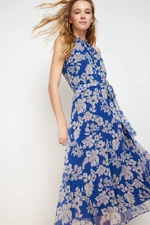 Trendyol Navy Blue Floral Print Belted A-line Halter Neck Sleeveless Midi Lined Woven Dress