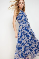 Trendyol Navy Blue Floral Print Belted A-line Halter Neck Sleeveless Midi Lined Woven Dress Trendyol Navy Blue Floral Print Belted A-line Halter Neck Sleeveless Midi Lined Woven Dress