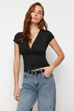 Trendyol Black Deep V-Neck Fitted Short Sleeve Stretchy Knitted Blouse