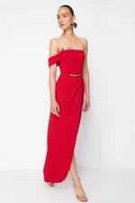 Trendyol X Zeynep Tosun Red Wrap Knitted Long Evening Dress & Graduation Dress with Accessory Detail