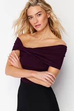 Trendyol Plum Carmen Neck Fitted Stretchy Crop Knitted Blouse