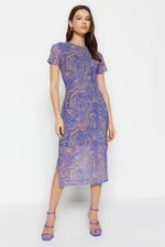 Trendyol Blue Printed Short Sleeve Crew Neck Fitted Flexible Midi Tulle Pencil Dress