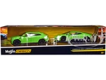 Lamborghini Urus Green with Lamborghini Huracan Coupe Green and Flatbed Trailer Set of 3 pieces "Elite Transport" Series 1/24 Diecast Model Cars by M