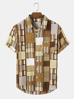 Mens Plaid & Striped Print Chest Pocket Short Sleeve Shirts