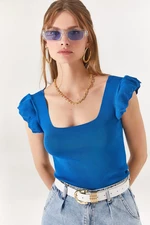 Olalook Women's Indigo Sleeves Ruffle Summer Knitwear Blouse