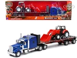 Kenworth W900 Truck with Flatbed Trailer Blue Metallic with Farm Tractor Red "Long Haul Truckers" Series 1/32 Diecast Model by New Ray