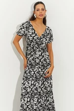 Cool & sexy dámske čiernobiele kvetinové dvojradové krepové midi šaty