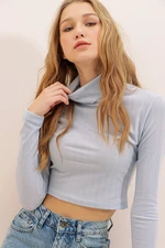 Trend Alaçatı Stili Women's Baby Blue Turtleneck Corduroy Basic Crop Body Blouse