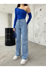 BİKELİFE Dámské modré džíny s vysokým pasem, širokými nohavicemi a pružným lycrovým materiálem