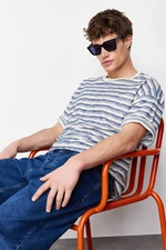 Trendyol Blue Oversize/Wide-Fit Striped Label Short Sleeve Textured Linen-Cotton T-Shirt