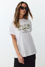 Trendyol White 100% Cotton Animal Motto Printed Oversize/Wide Knitted T-Shirt