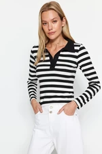 Trendyol Black Striped Soft Fabric Fitted/Simple Polo Collar Flexible Knitted Blouse with Buttons
