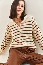 Bianco Lucci Women's Button-down Collar Turtleneck Striped Knitwear Sweater