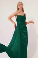 Lafaba Women's Emerald Green Long Satin Evening Dress with a Slit