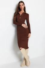 Trendyol Brown Midi Knitwear Polo Neck Sukienka