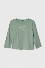 Dětské bavlněné tričko s dlouhým rukávem United Colors of Benetton zelená barva, s potiskem
