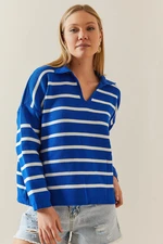XHAN Saks Polo Neck Striped Oversize Sweater