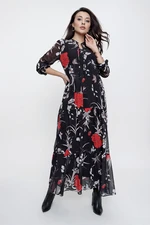 By Saygı Tie Collar Floral Pattern Lined Long Chiffon Dress Black