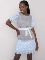 Gray and blue patterned dress with belt