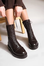 Marjin Women's Genuine Leather Boots Boots with Lace-Up Zipper, Serrated Sole Mascara Daily Boots Vicose-brown.