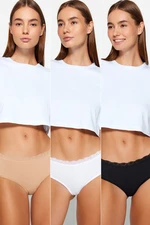 Trendyol Black-White-Nude Black 3-Pack Cotton Hipster Panties With Lace Detail