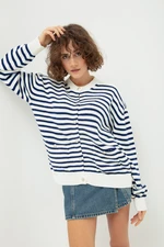 Lafaba Women's Navy Blue Gold Buttoned Striped Knitwear Cardigan