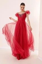 By Saygı Front Back V-Neck Rope Straps Low Sleeves Stone Detailed Lined Long Tulle Dress Red