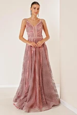 By Saygı V-Neck with Thin Straps Bead Detailed Tie Back Lined Glitter Flock Printed Coral Long Dress Powder Powder