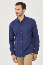 AC&Co / Altınyıldız Classics Men's Navy Blue Tailored Slim Fit Oxford Buttoned Collar Linen-Looking 100% Cotton Flared Shirt.