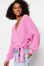 Trendyol růžový pletený svetr s výstřihem do V
