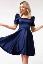 Lafaba Women's Navy Blue Balloon Sleeves Flare Cut Midi Satin Evening Dress.