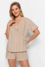 Trendyol Beige Striped 100% Cotton Wide Fit T-shirt-Shorts, Woven Pajamas Set