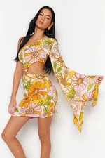 Trendyol Floral Print Fitted Mini Mini Woven Cut Out/Window One-Shoulder Beach Dress